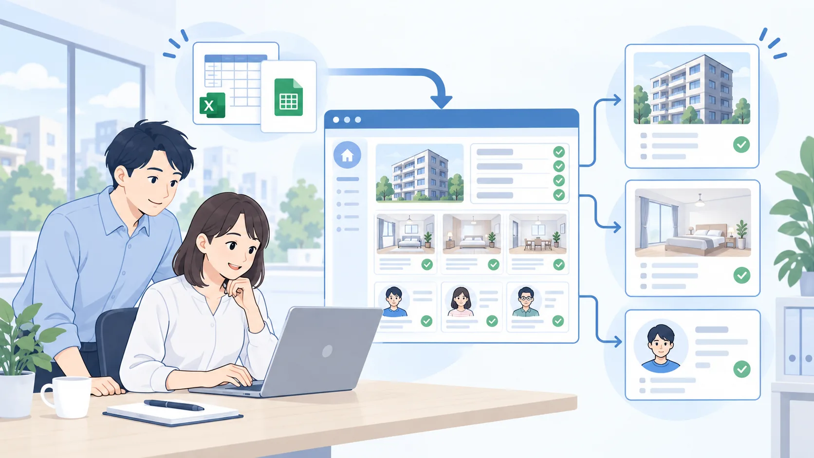 CSVの物件・部屋・契約者データを確認して取り込むイメージ