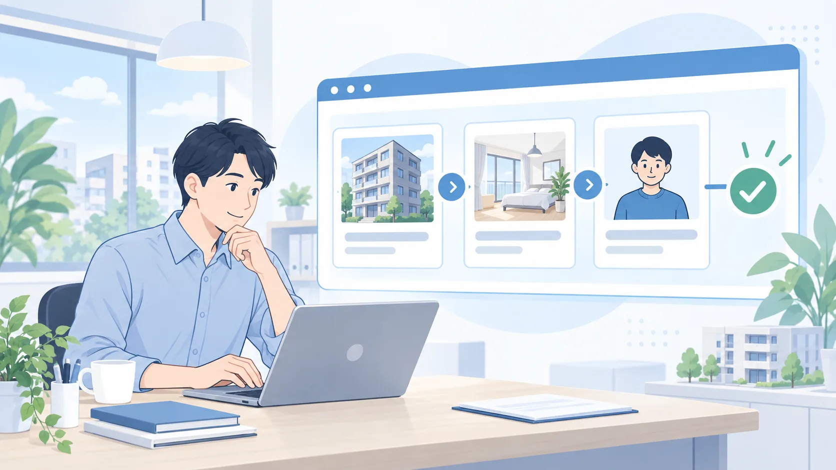 アカウント作成後、物件・部屋・契約者を順に登録するイメージ