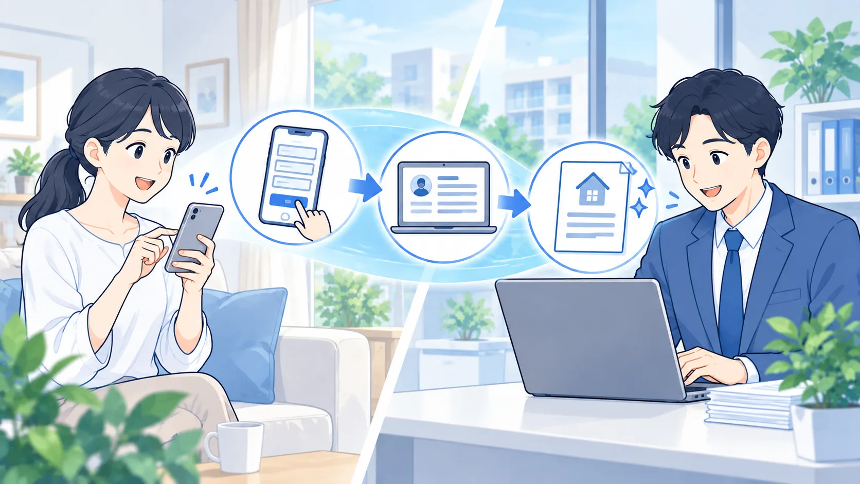 申込者のスマートフォンから管理会社の確認画面を経て契約情報へ進むイラスト