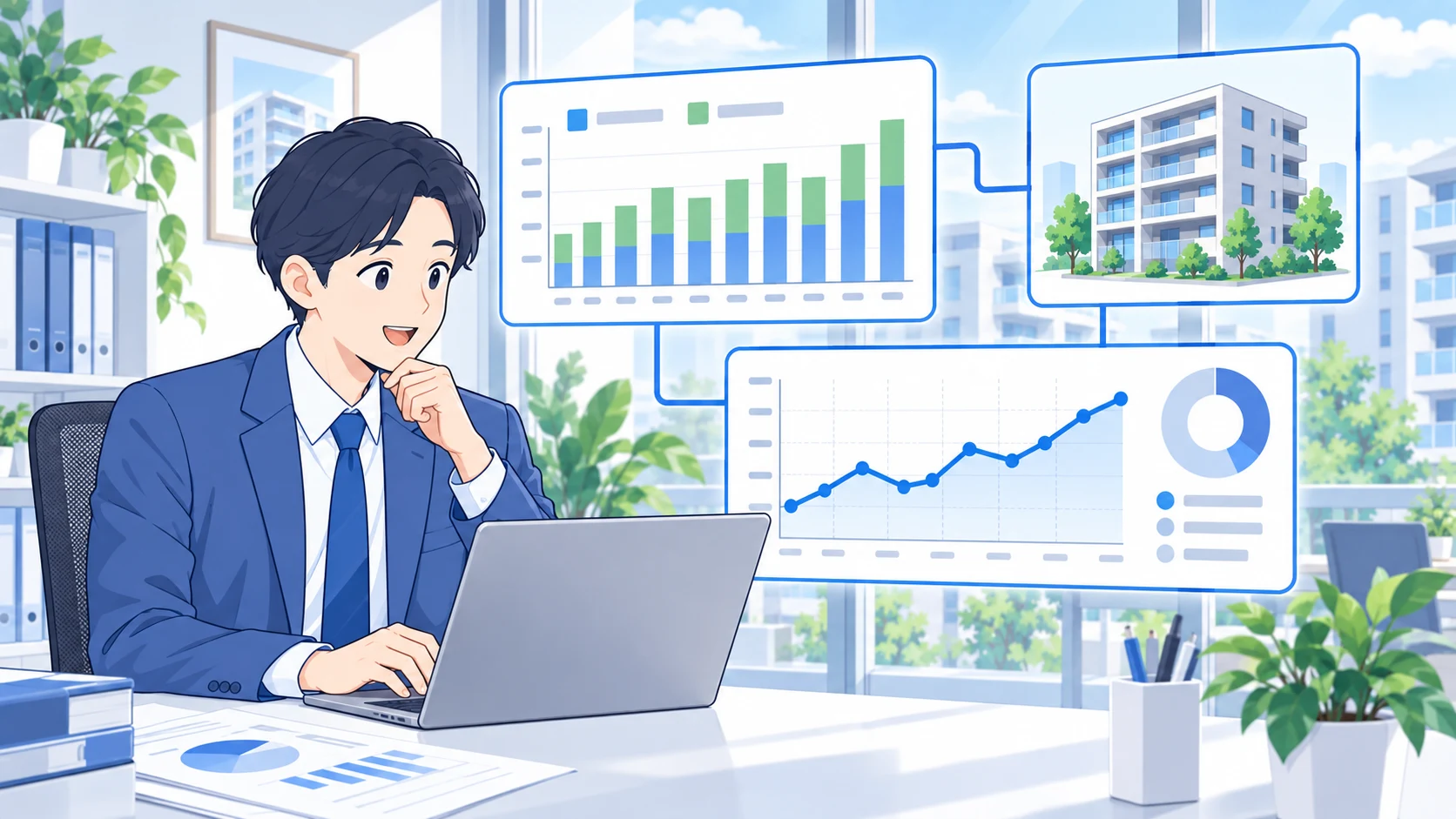 管理会社が月別収支と稼働率推移を並べて確認するイラスト