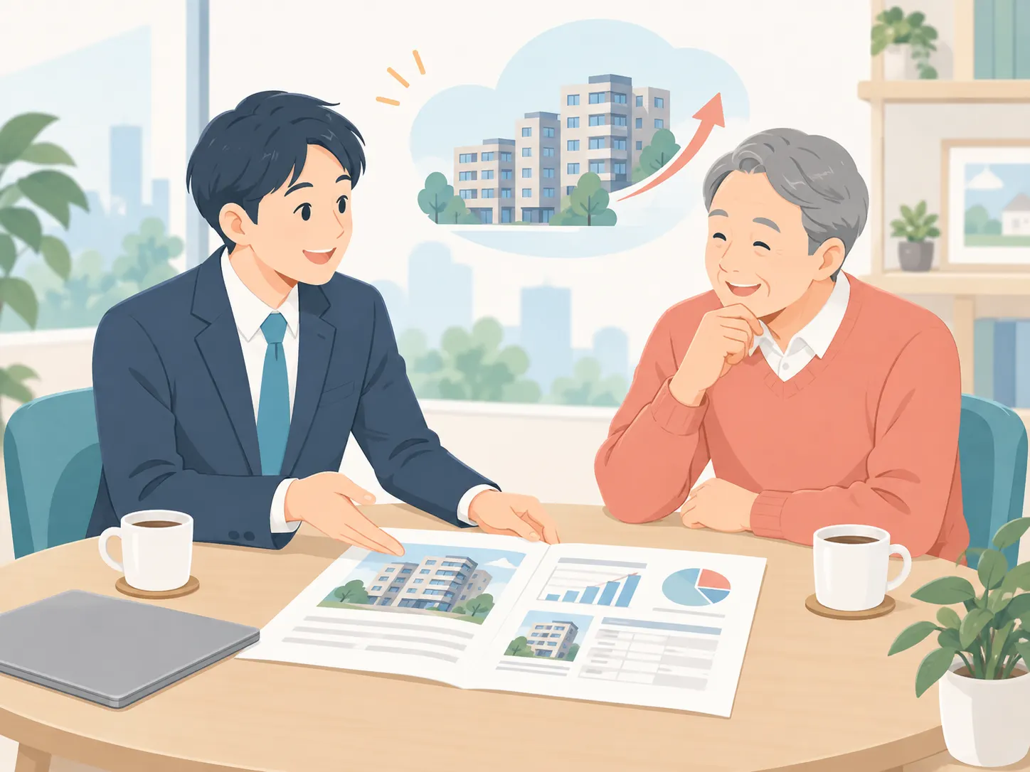 担当者がオーナーと精算書を見ながら話すイラスト