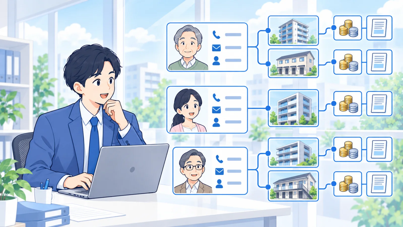 オーナーごとに連絡先、所有物件、振込先口座、精算情報が紐付くイメージ