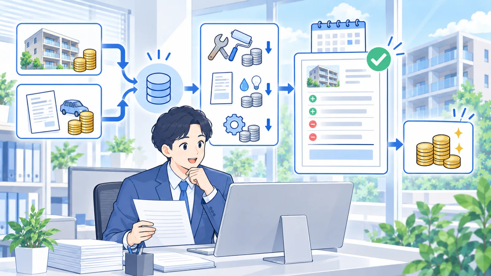 家賃とその他収入から支出を差し引き、オーナー送金精算書と送金額を作るイメージ