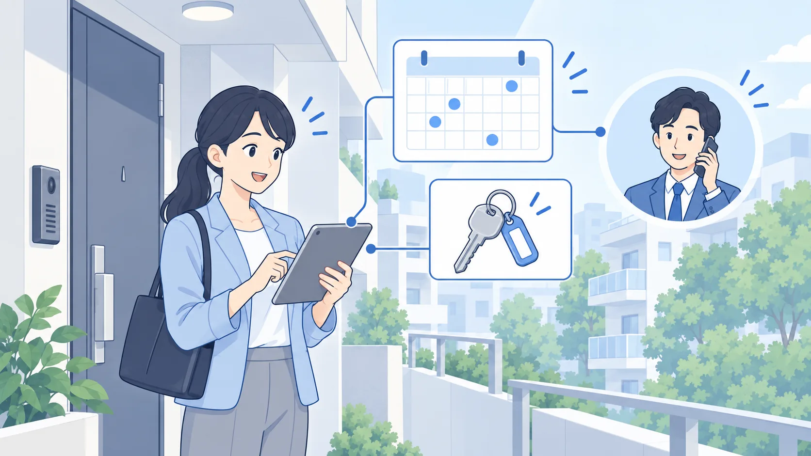 部屋の前で担当者が内見予定と案内方法をタブレットで確認するイラスト