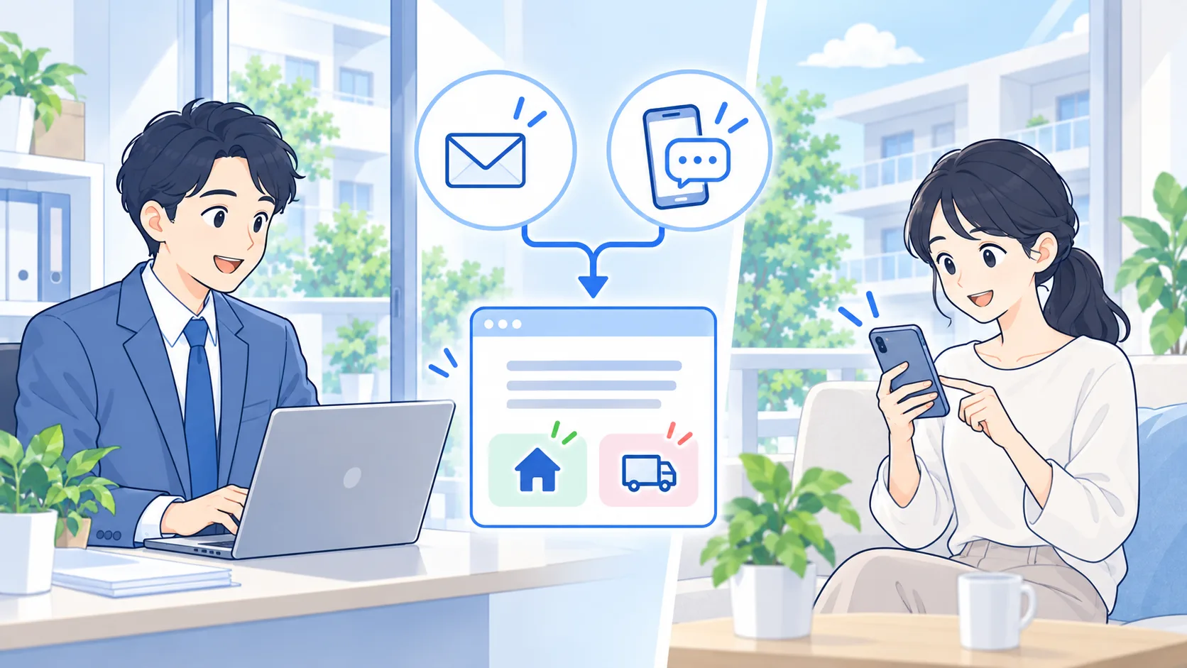 管理会社からメール・SMSで更新案内を送り、契約者がスマートフォンの回答ページで希望を伝えるイラスト