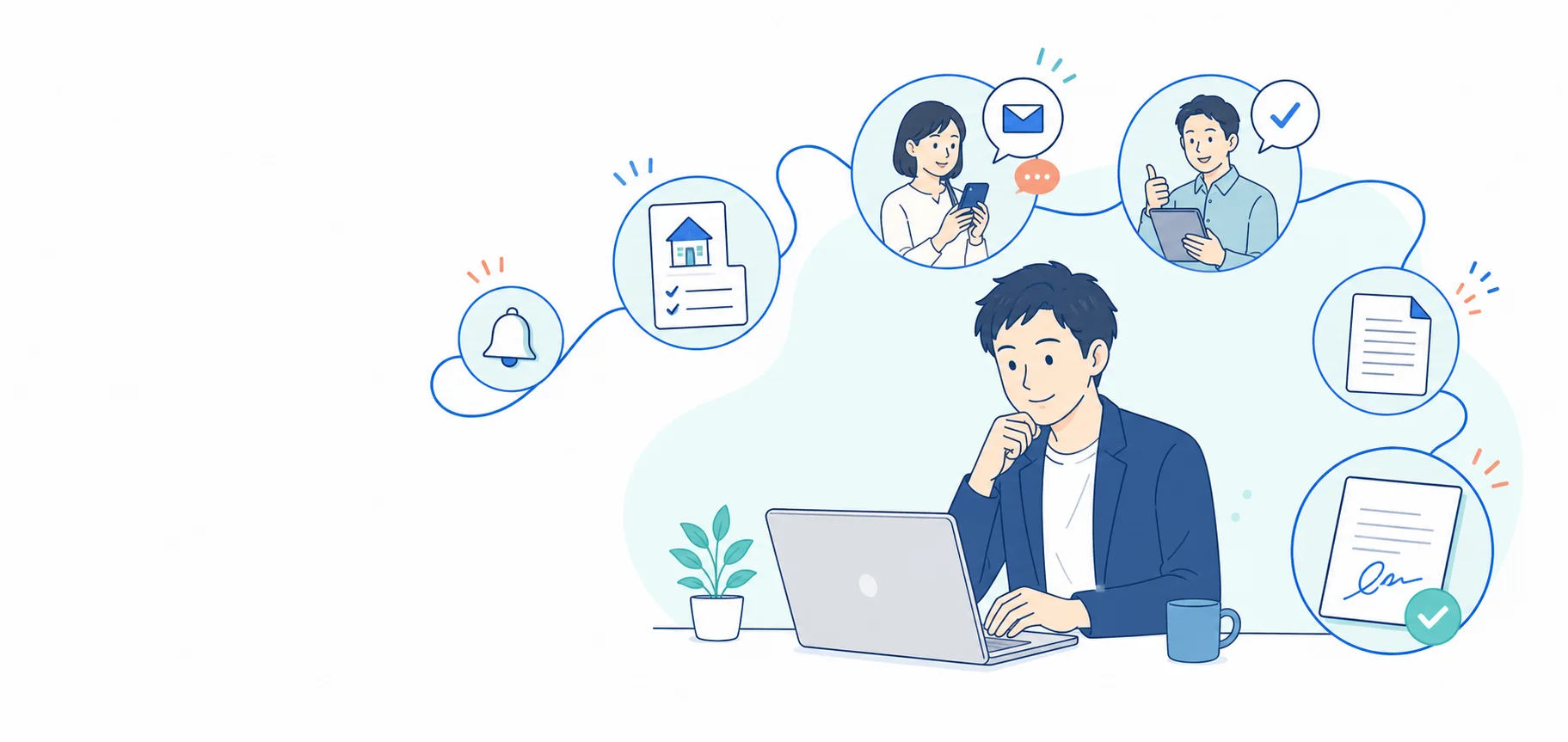 更新対象者の通知から電子契約までがつながる更新業務のイラスト