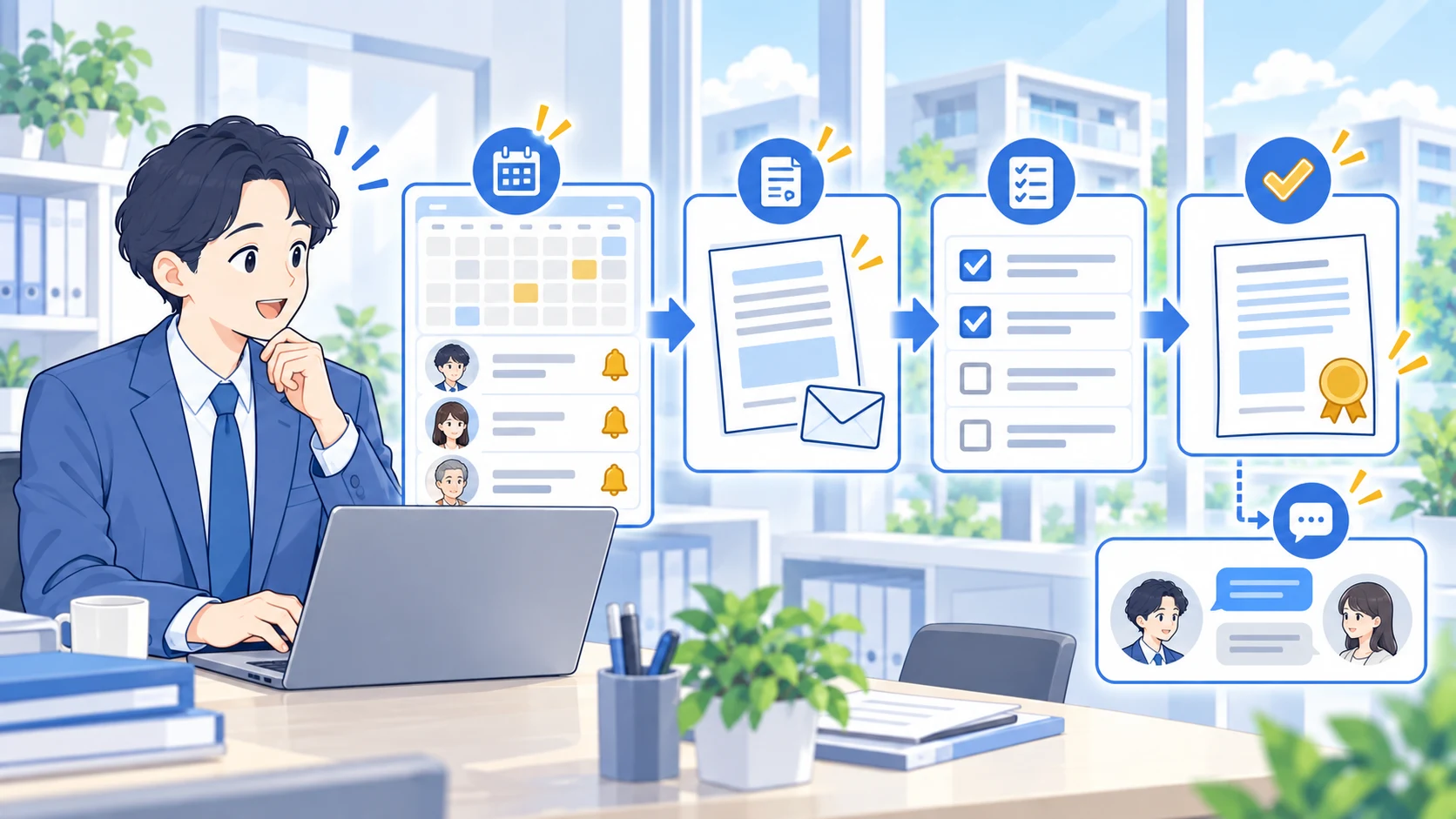 更新時期が近い契約者を見つけ、案内、タスク、更新書類へ進むイラスト