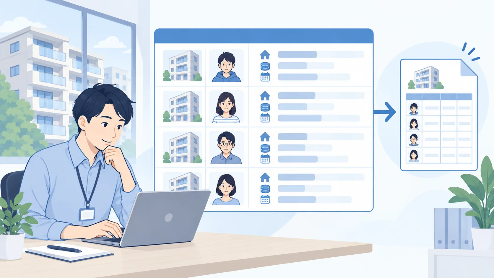 部屋ごとに契約者と賃貸条件が行として並び、帳票へ出力されるイラスト
