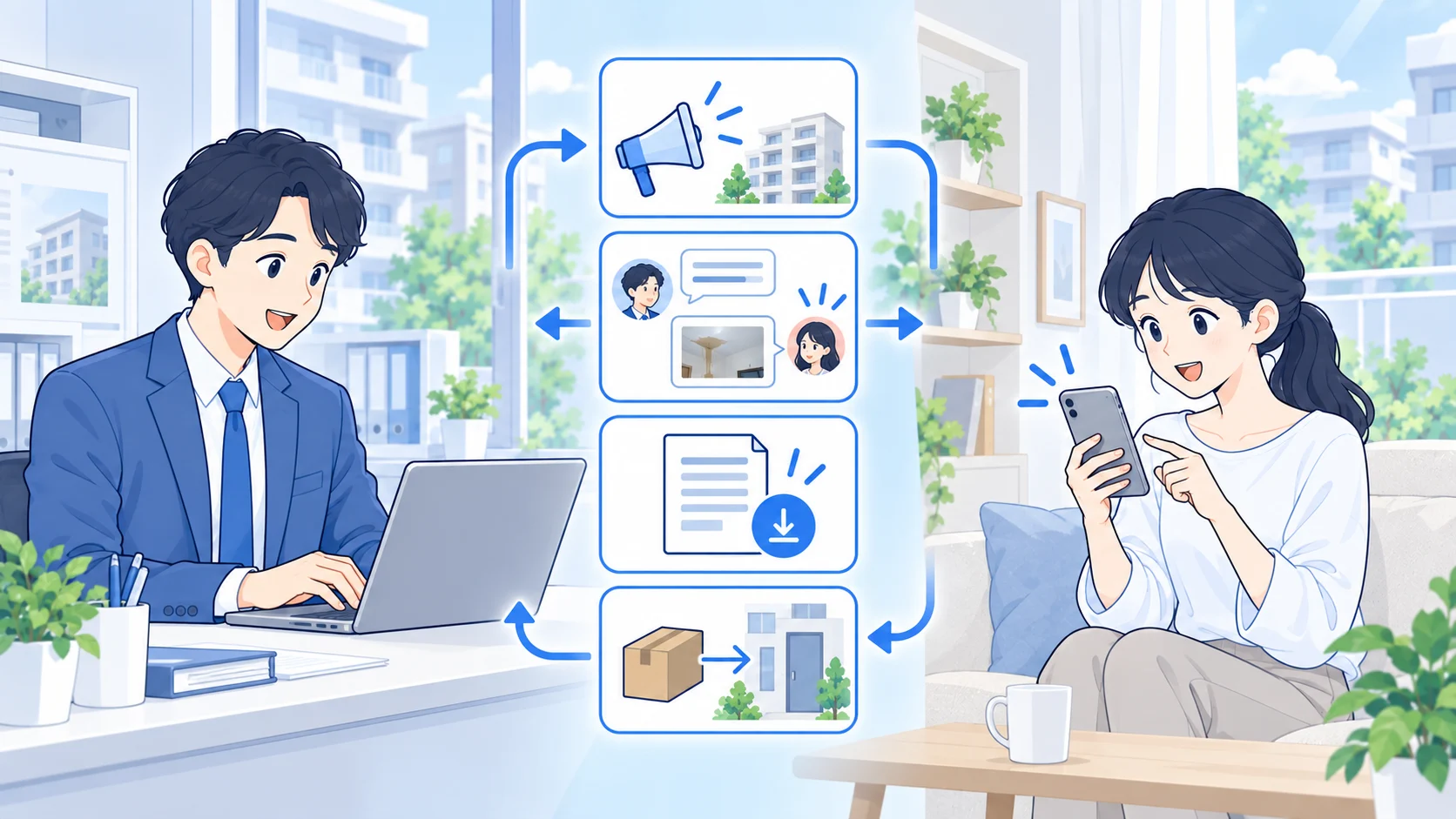 管理会社と入居者がマイページを通じてお知らせ、メッセージ、資料、退去の連絡を行うイラスト