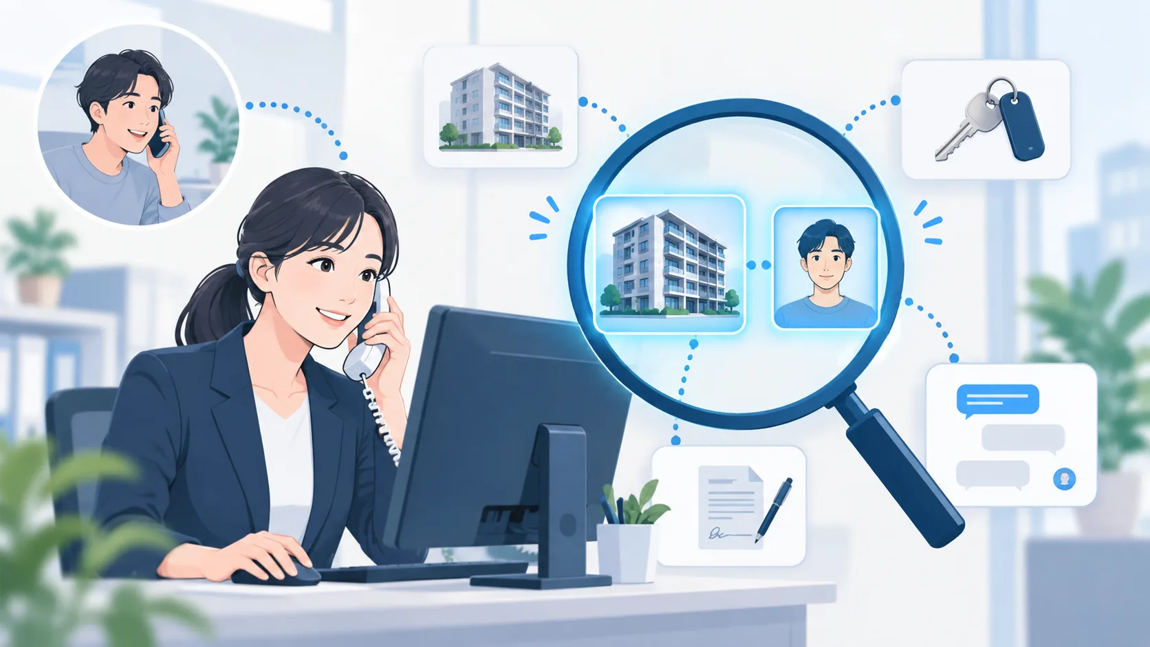 電話で問い合わせを受けた担当者が物件と契約者の関連情報を探すイメージ