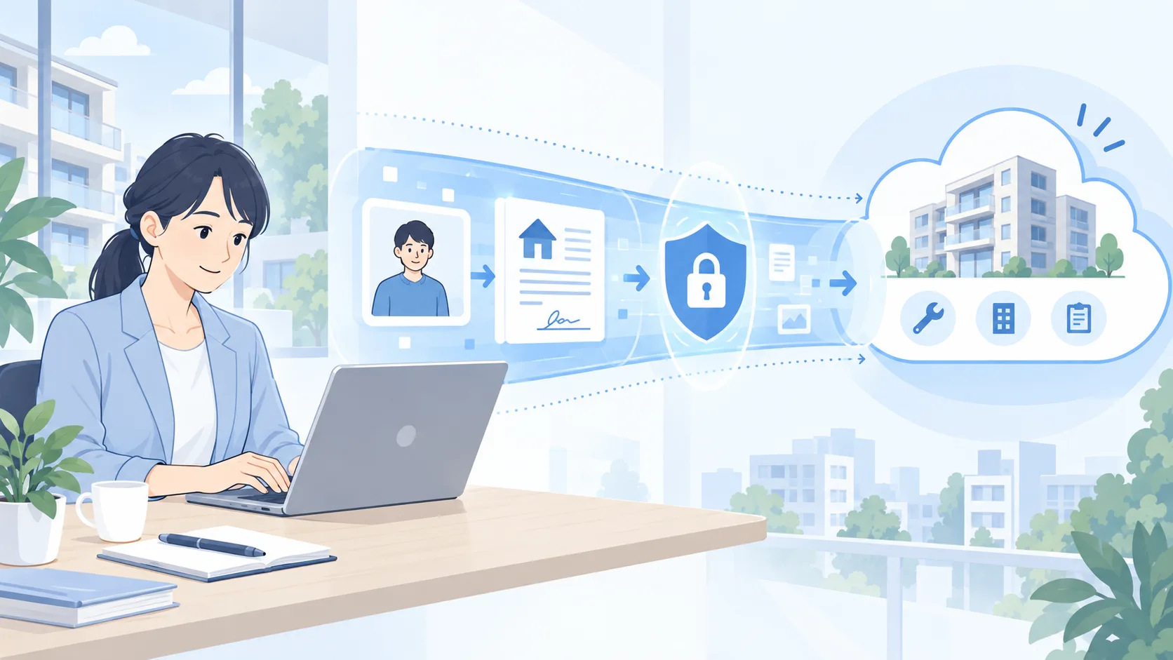 契約者や物件情報が保護された通信経路を通ってサービスに届くイメージ