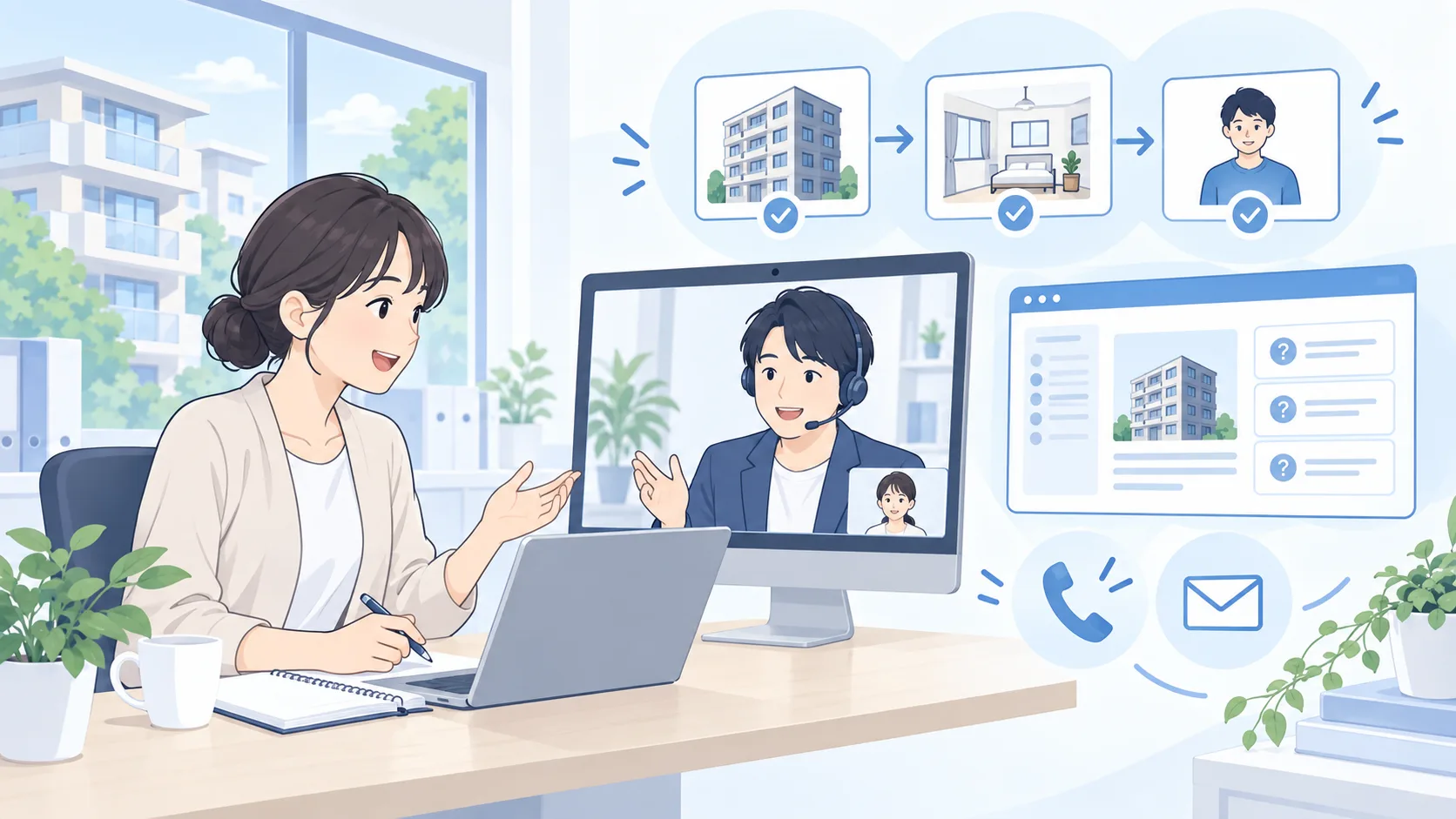 賃貸管理会社の担当者がサポートチームと画面を共有し、物件登録や操作を相談するイメージ
