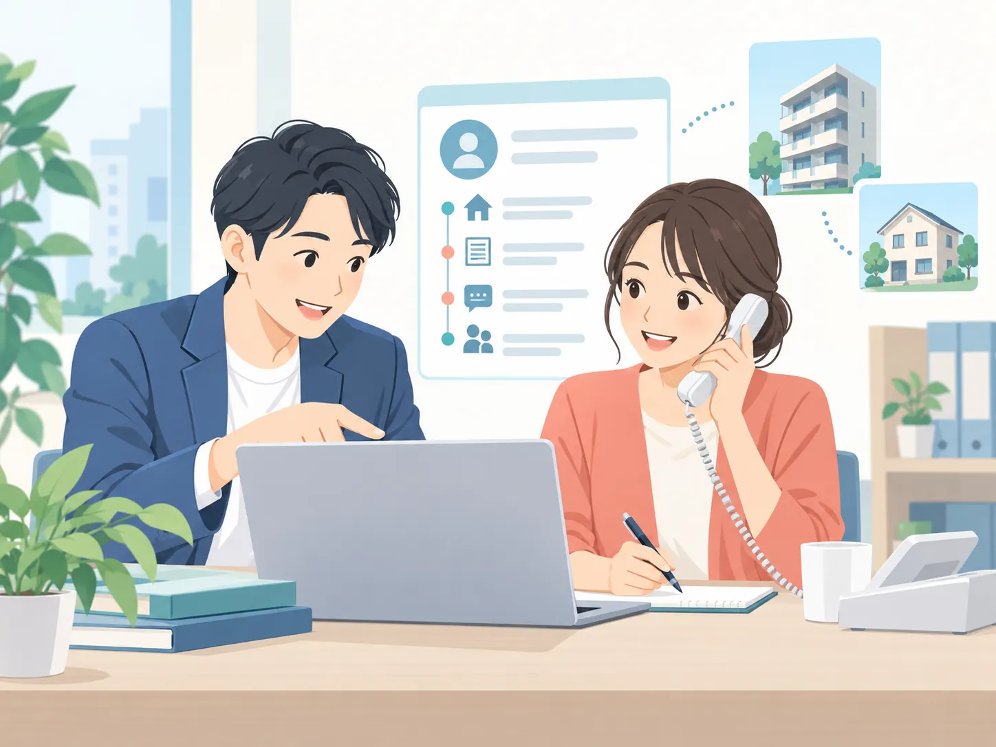 担当者同士が履歴を共有しながら問い合わせに対応するイラスト