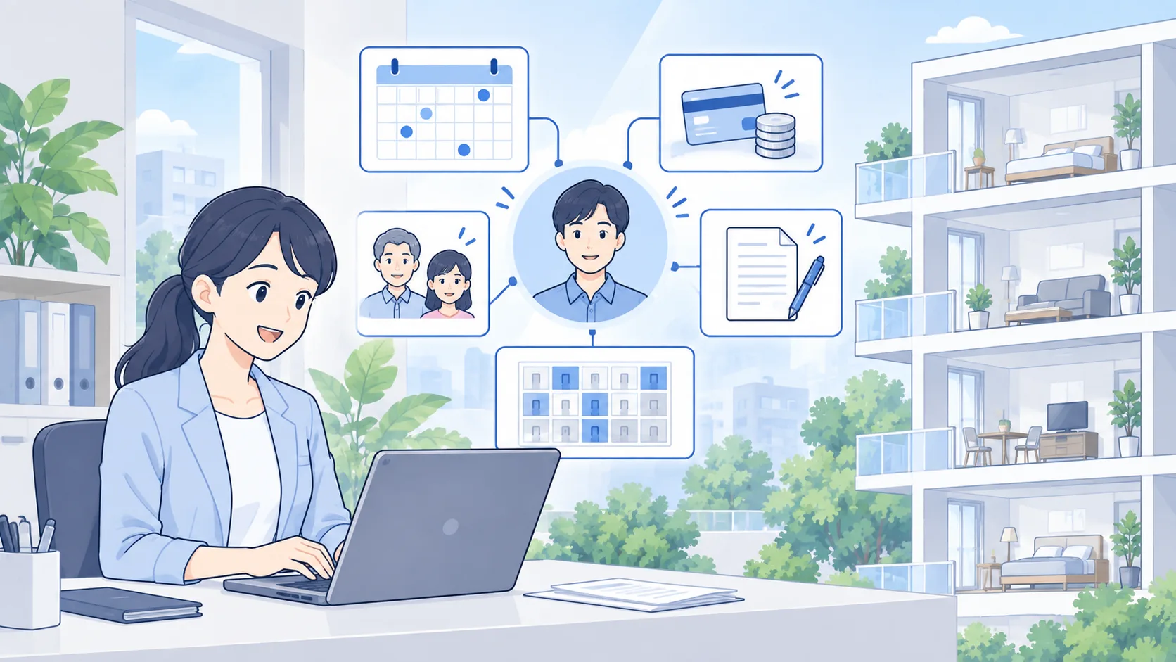 管理担当者が物件と契約者の情報を確認するイラスト