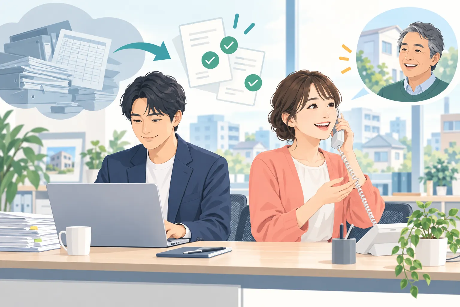 入金登録の効率化で、お客様への電話対応にも時間を使えるようになった賃貸管理の職場を描いたイラスト