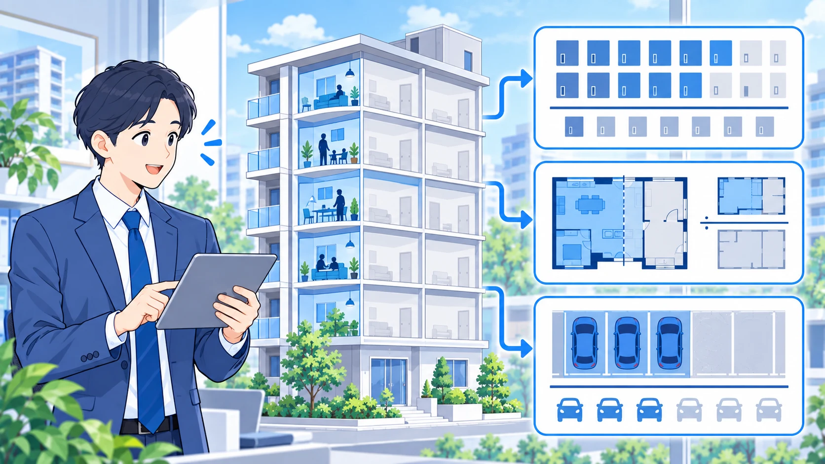 管理会社が区画数・面積・駐車場の稼働状況を確認するイラスト