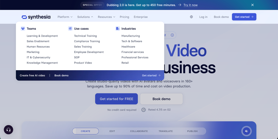 Synthesia Solutions mega menu showing SaaS landing pages organized by business teams, video use cases, and industries