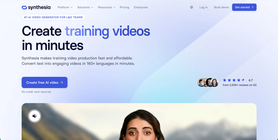 Synthesia Learning and Development landing page targeting AI training video creation with a free-video CTA and G2 social proof