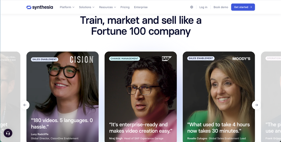 Synthesia customer stories section showing enterprise video use cases, customer testimonials, and branded SaaS proof