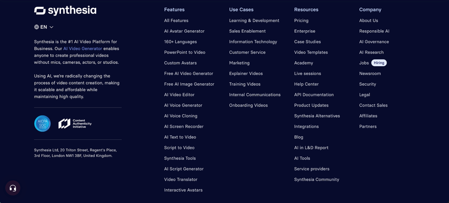 Synthesia website footer showing AI video features, use cases, resources, company links, and enterprise trust information