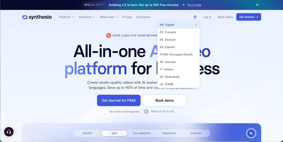 Synthesia international SEO language selector showing English, French, German, Spanish, and Brazilian Portuguese versions