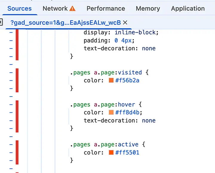 CSS file opened from Coverage with unused rules highlighted in red