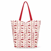 Premium Retro Cherry and Bow Canvas Tote Bag with Contrast Red Shoulder Strap 