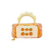 Orange Cat & Strawberry Dog Series Gingham Handled Pouch with Chenille Fruit Embroidery