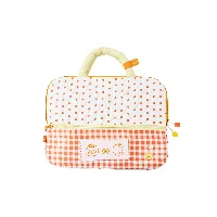 Orange Cat & Strawberry Dog Series Quilted Gingham Large Handled Pouch with Plush Handle 