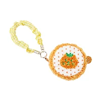 Orange Cat & Strawberry Dog Series Round Plush Coin Purse with Gingham Scrunchie Wristlet