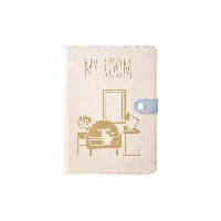 “My Room” A5 Linen-Grain PU Leather Hardcover Journal - Cozy Cat Gold Foil Debossing with Pastel Blue Magnetic Clasp & Lay-Flat Sewing Binding