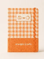 Orange Cat & Strawberry Dog Series A5 Fabric Gingham Patchwork Hardcover Notebook with Embroidered Patch and Wavy Rickrack Elastic Strap Cute Cozy Journal