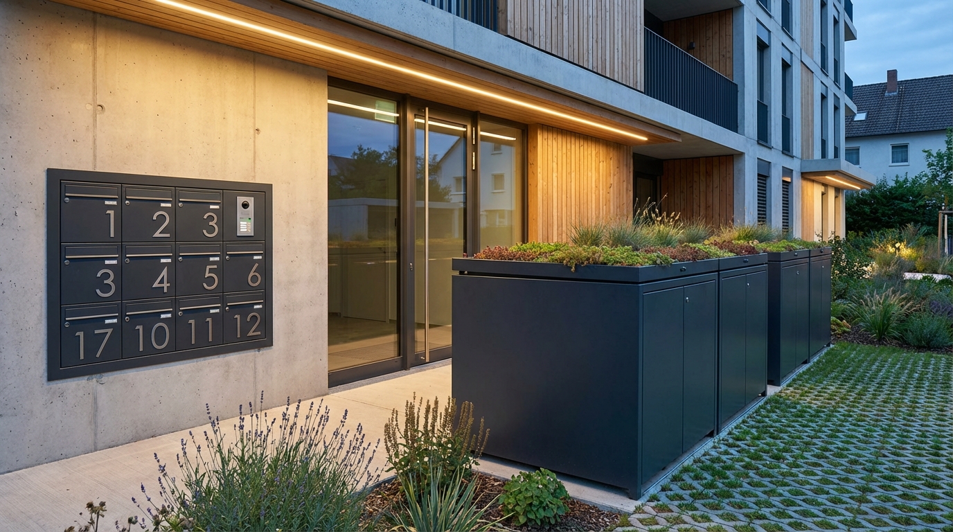 Die perfekte '12': Warum 120L Mülltonnenboxen und 12-fach Briefkastenanlagen den europäischen Wohnbau dominieren