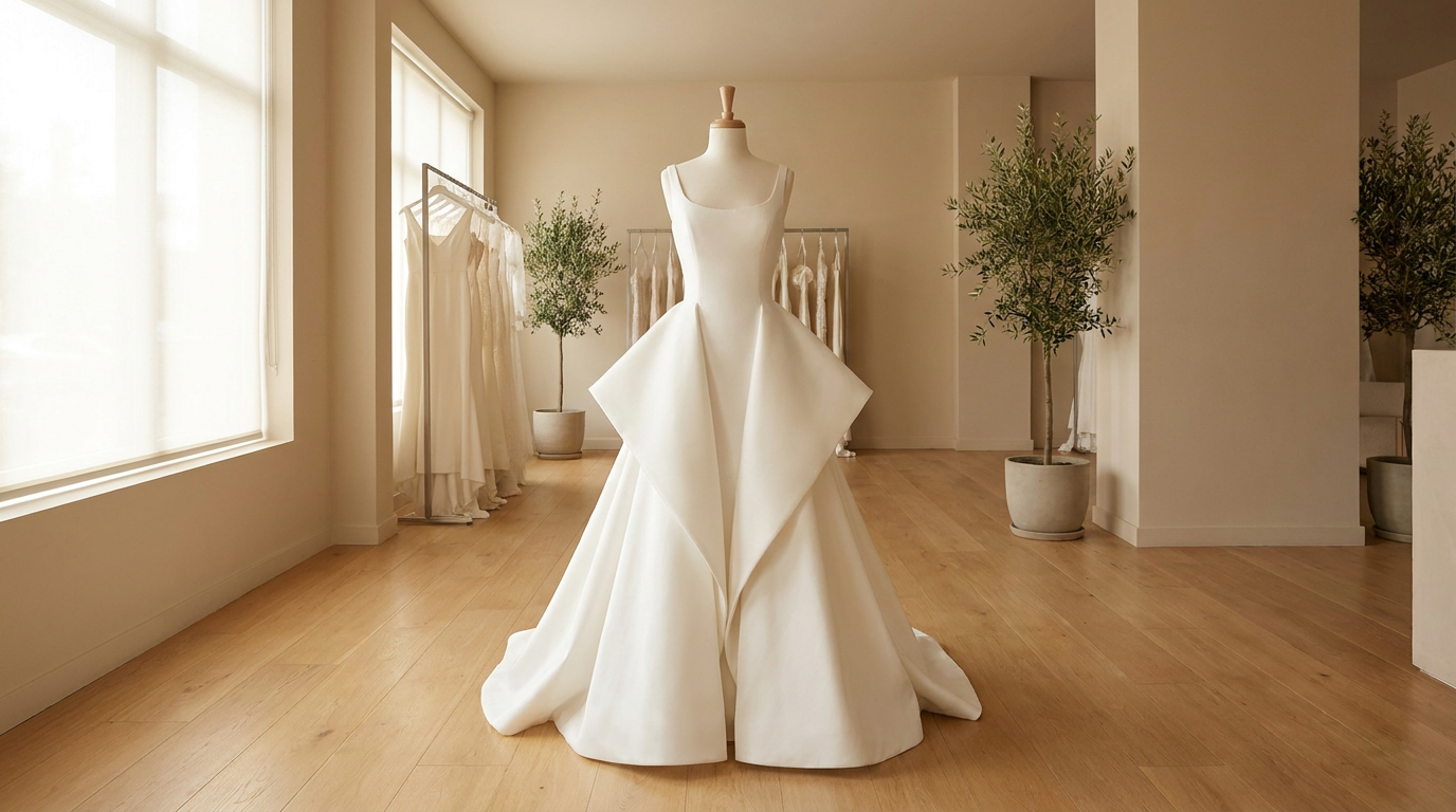 Come conciliare minimalismo essenziale e volumi romantici in un unico abito da sposa