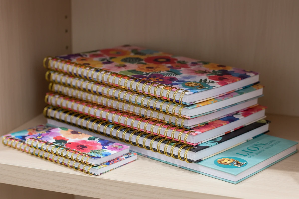 A neat stack of custom 7x9 inch spiral planners with gold-colored wire binding on a shelf.