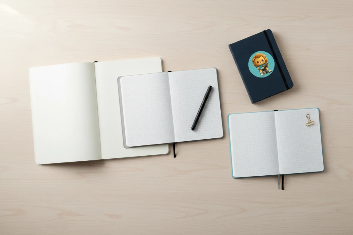 Visual size comparison between open A4, A5, and A6 grid-lined notebooks on a desk.