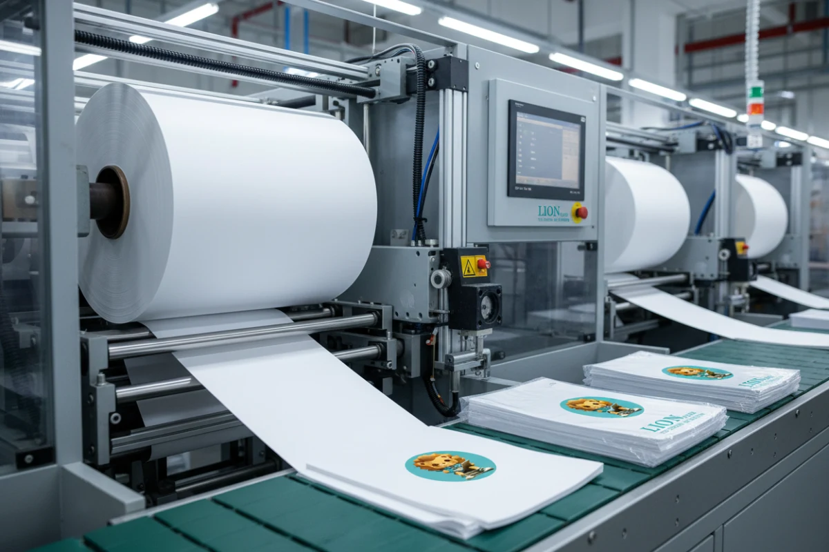 Bulk notebook manufacturing paper choices and automated binding lines.