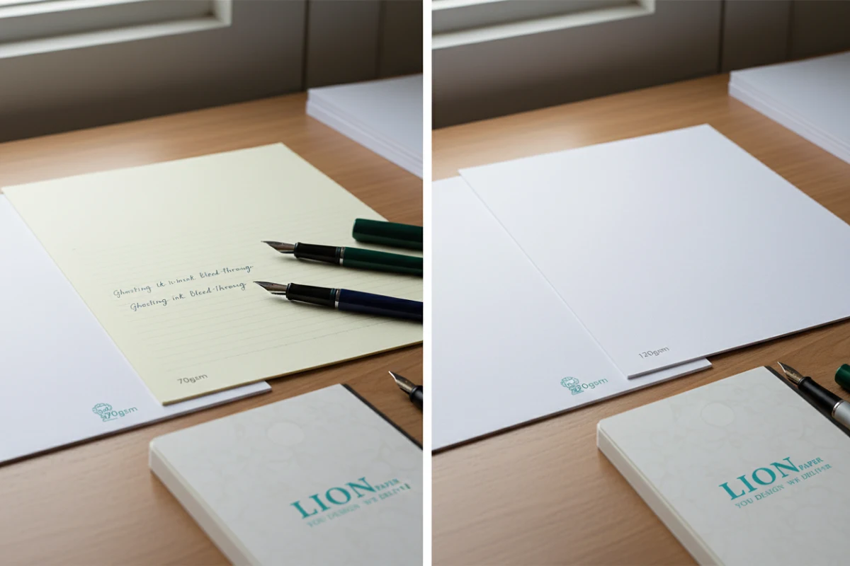 Fountain pen writing test demonstrating how to prevent bleed-through custom journals.