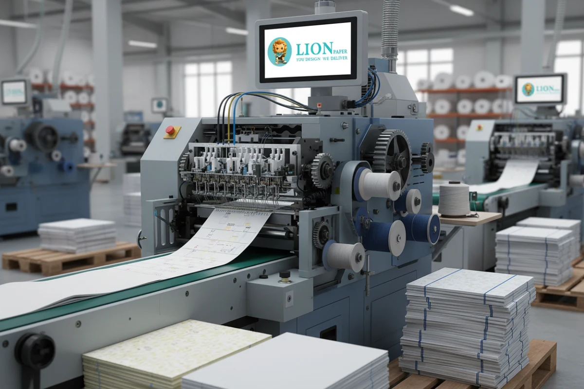 Automated thread-sewn notebook manufacturing process in a stationery factory.