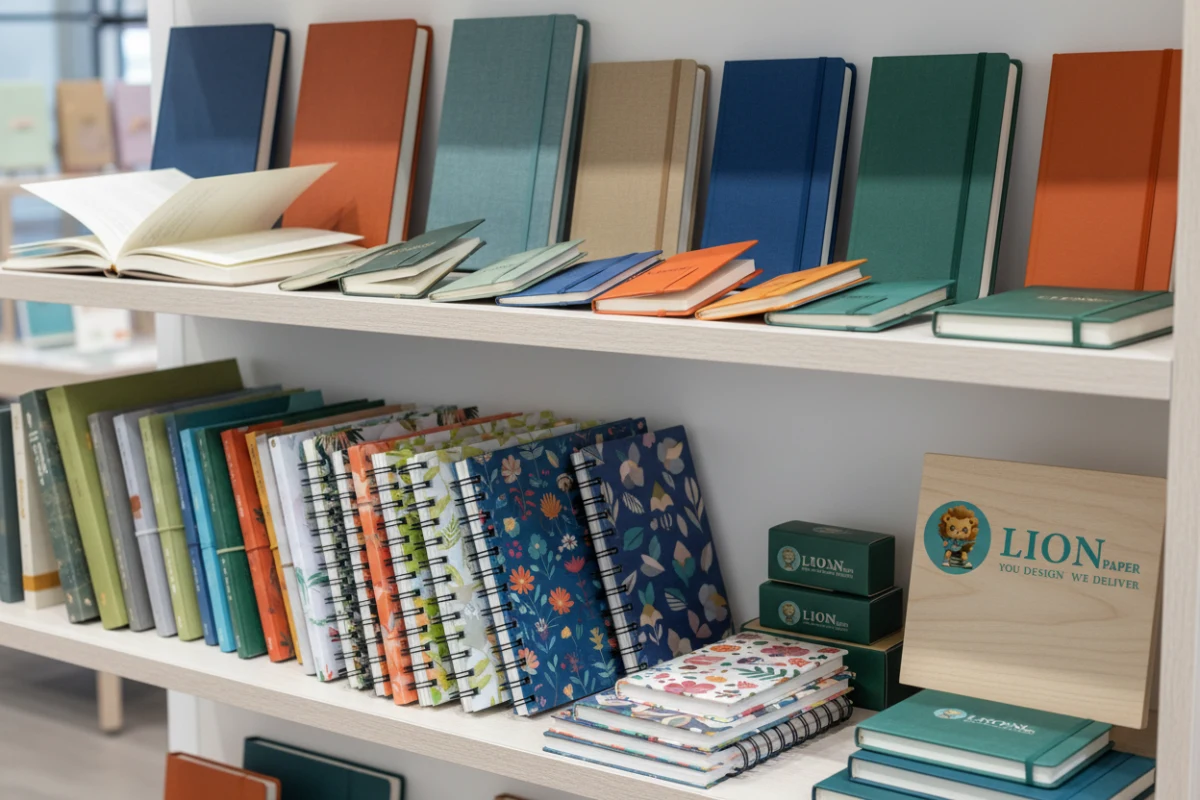 Various custom journals and planners displayed beautifully on retail shelves.