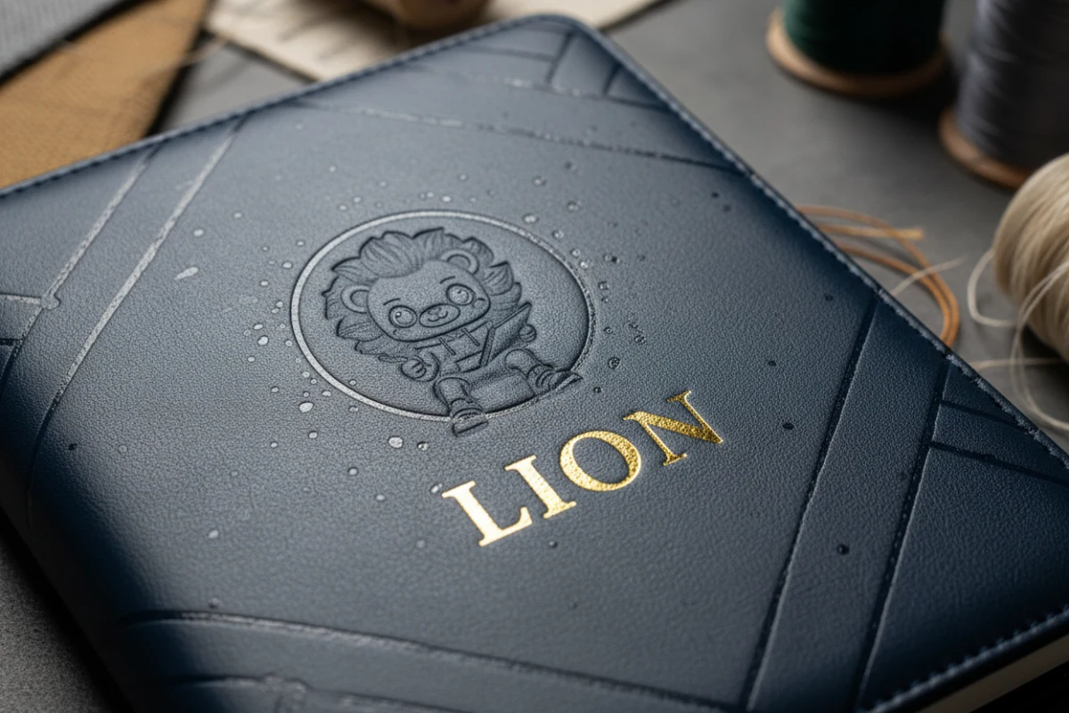 Close up of gold foil stamping and blind debossing on custom navy leather journal cover