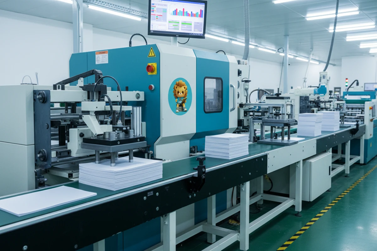 Automated high-volume notebook binding machines in a manufacturing facility.