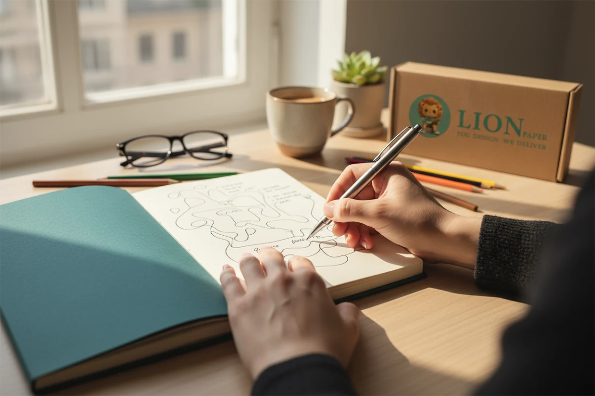 A person writing in a lay-flat custom journal, showing superior user experience.