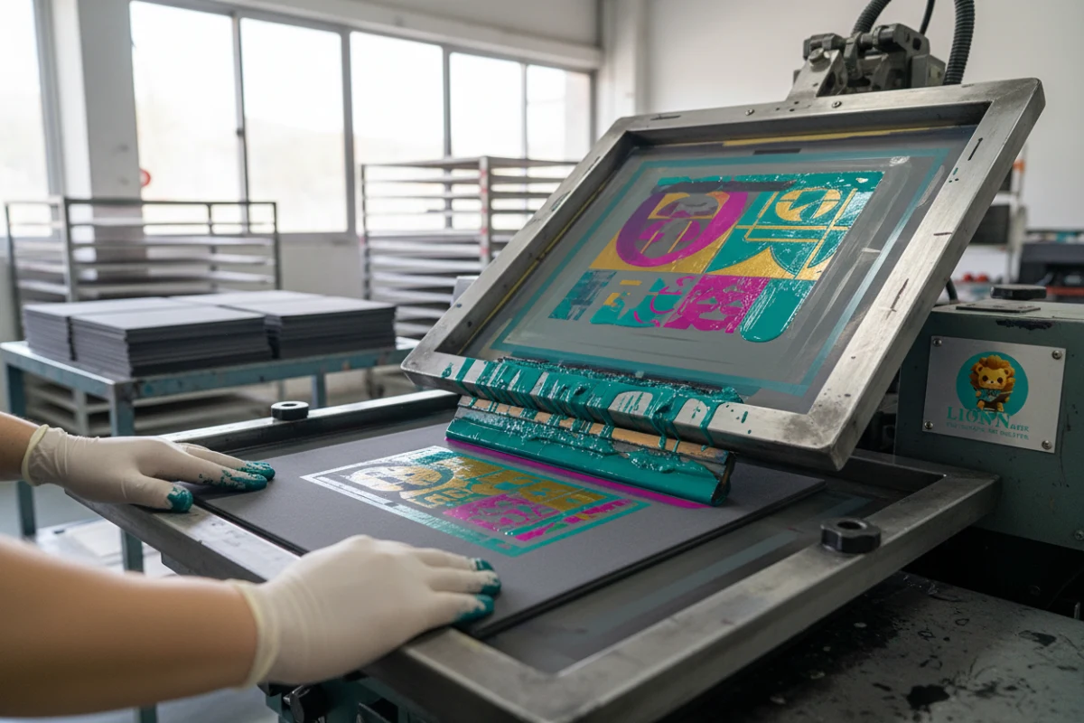 Precision screen printing process applying white ink onto a dark blue book cloth cover