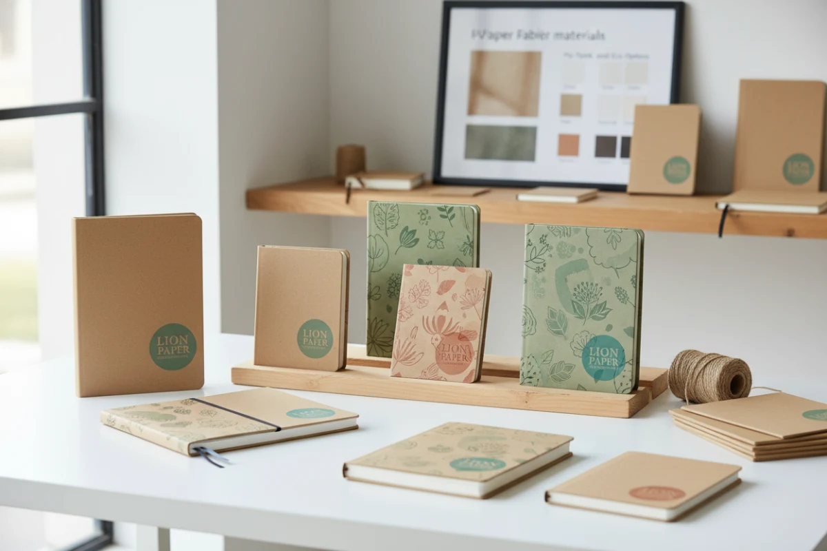 Sustainable notebook cover options made from recycled kraft and FSC-certified paper.