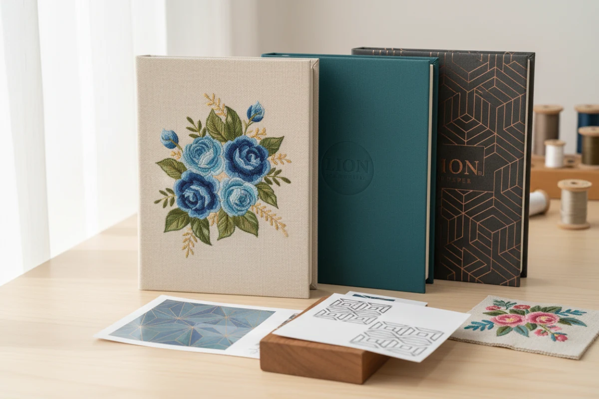Intricate color-thread embroidery on a linen fabric hardcover notebook cover