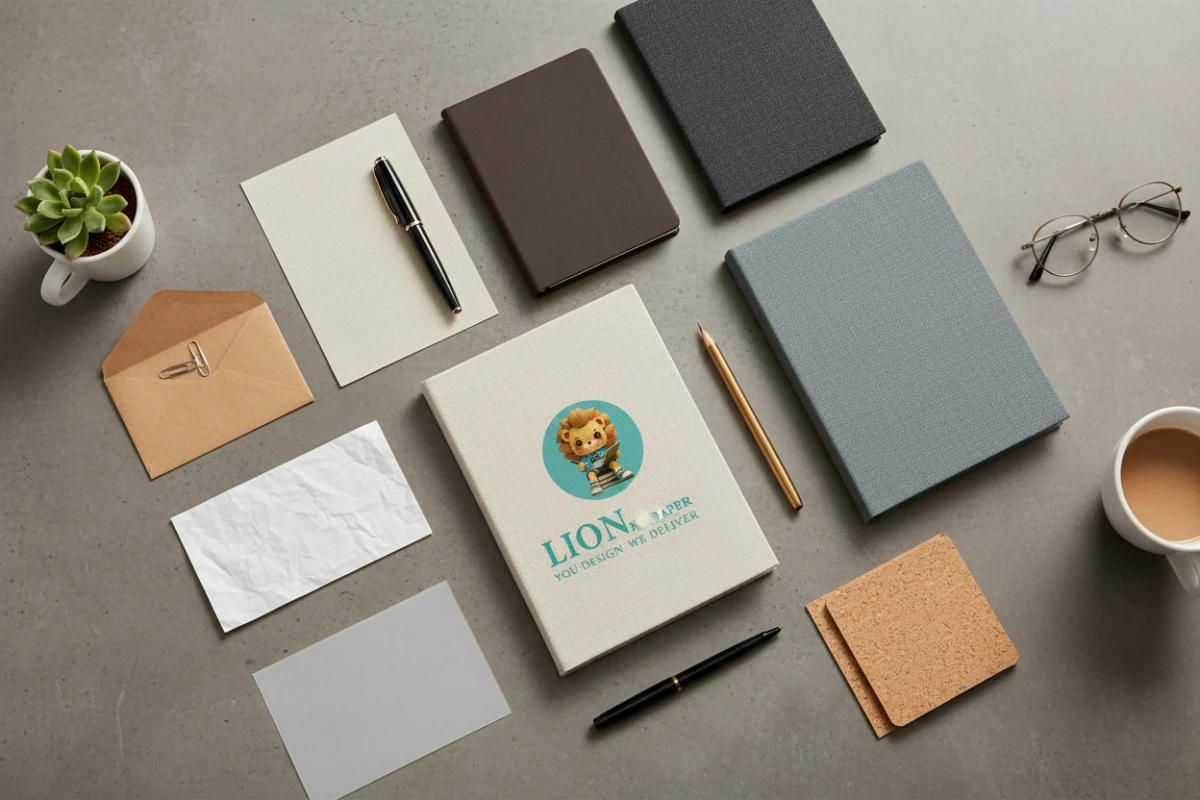 Linen and fabric notebook covers on a flat lay display with stationery accessories.