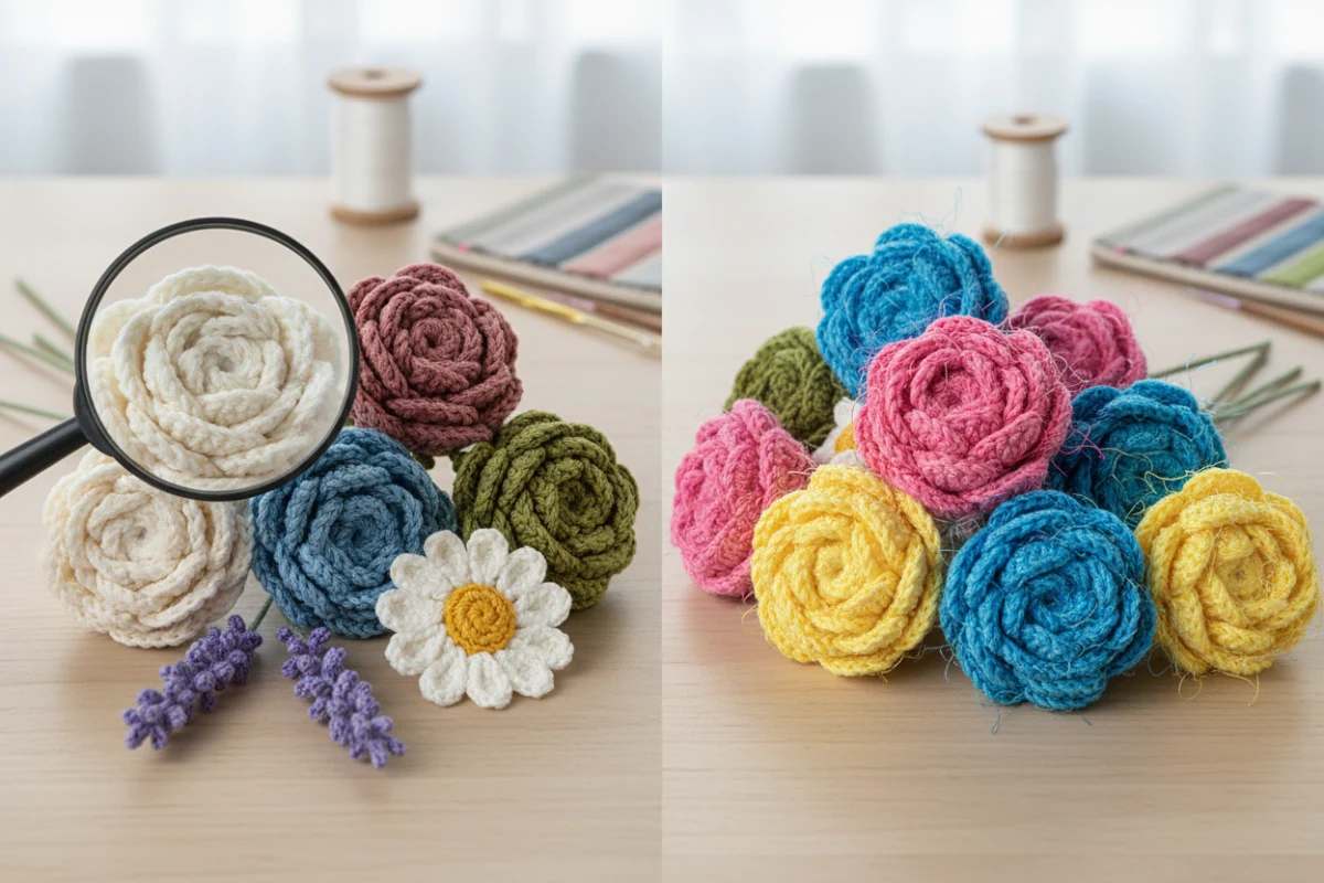 Comparison of premium milk cotton and cheap acrylic yarn used in crochet flowers.