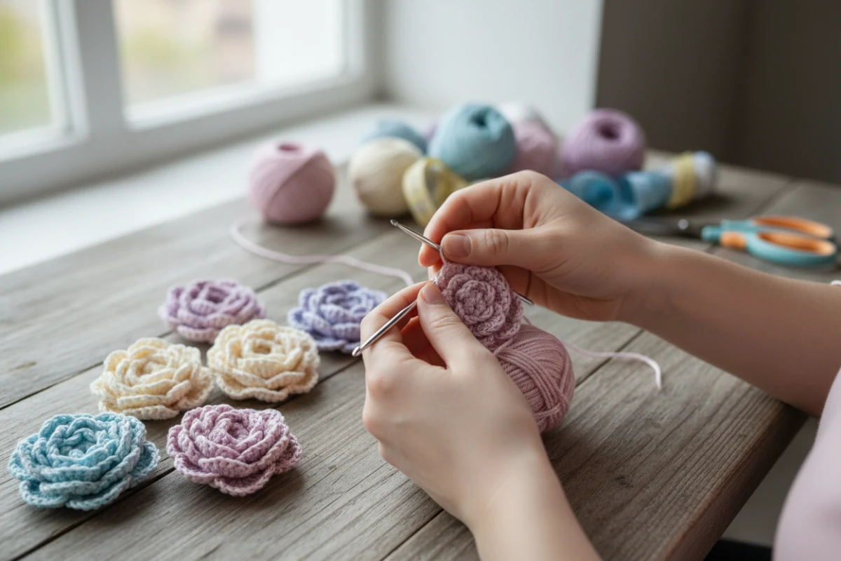 Close-up of artisan hand-making high quality crochet flowers with pink yarn.