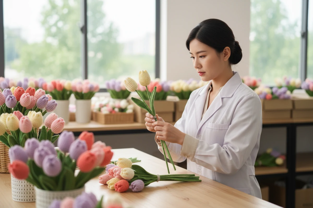 Quality inspection of rust-proof iron stems and wrapping on wholesale crochet flowers.